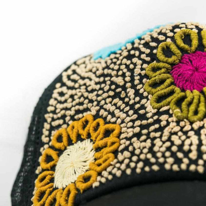 Tulum Hand Embroidered Trucker Flower Hat - Maroon