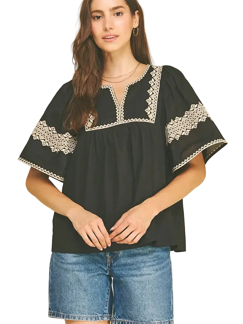 W's Boho Embroidered Puff Sleeve Blouse