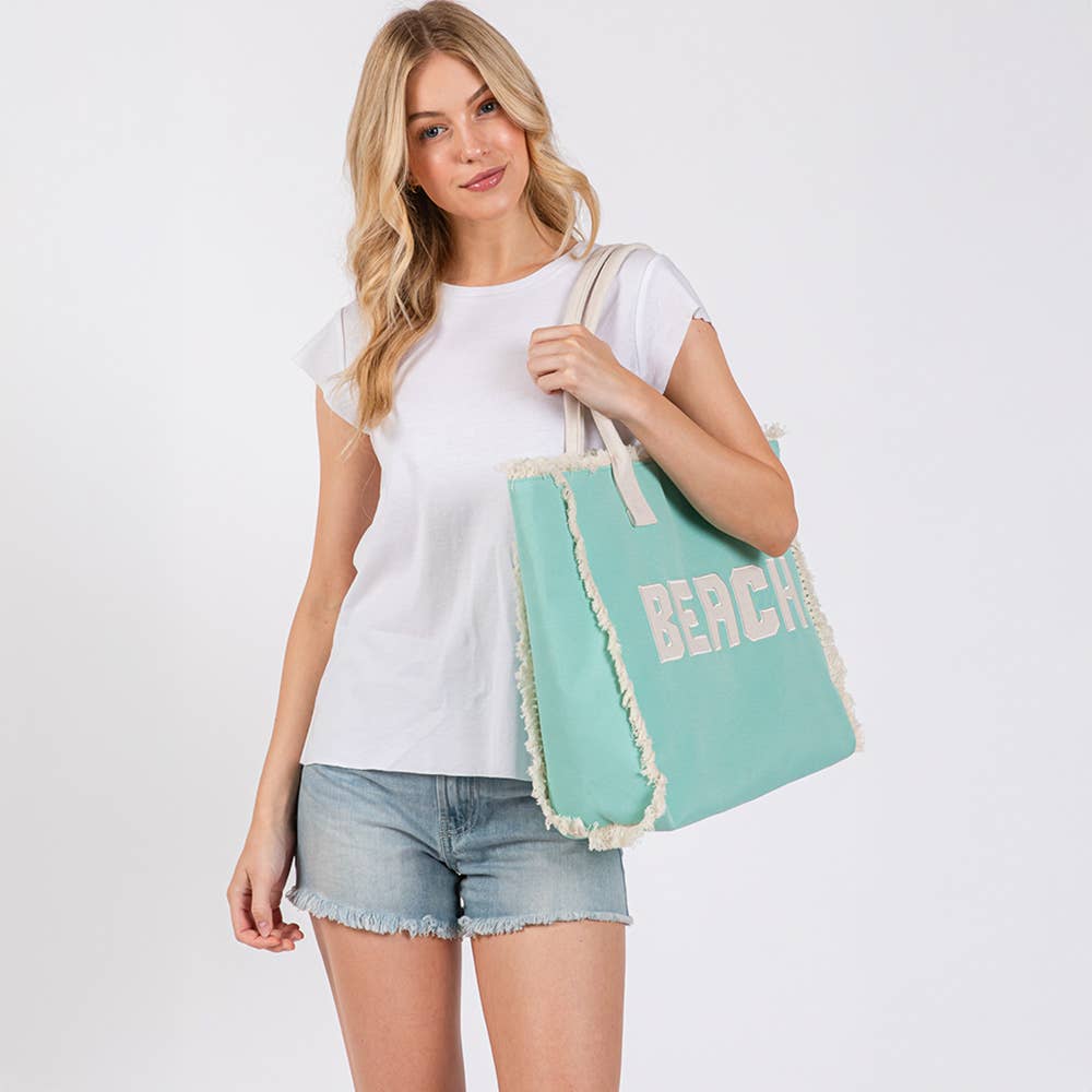 Bold BEACH Letter Embroidered Fringe Tote Bag: Teal