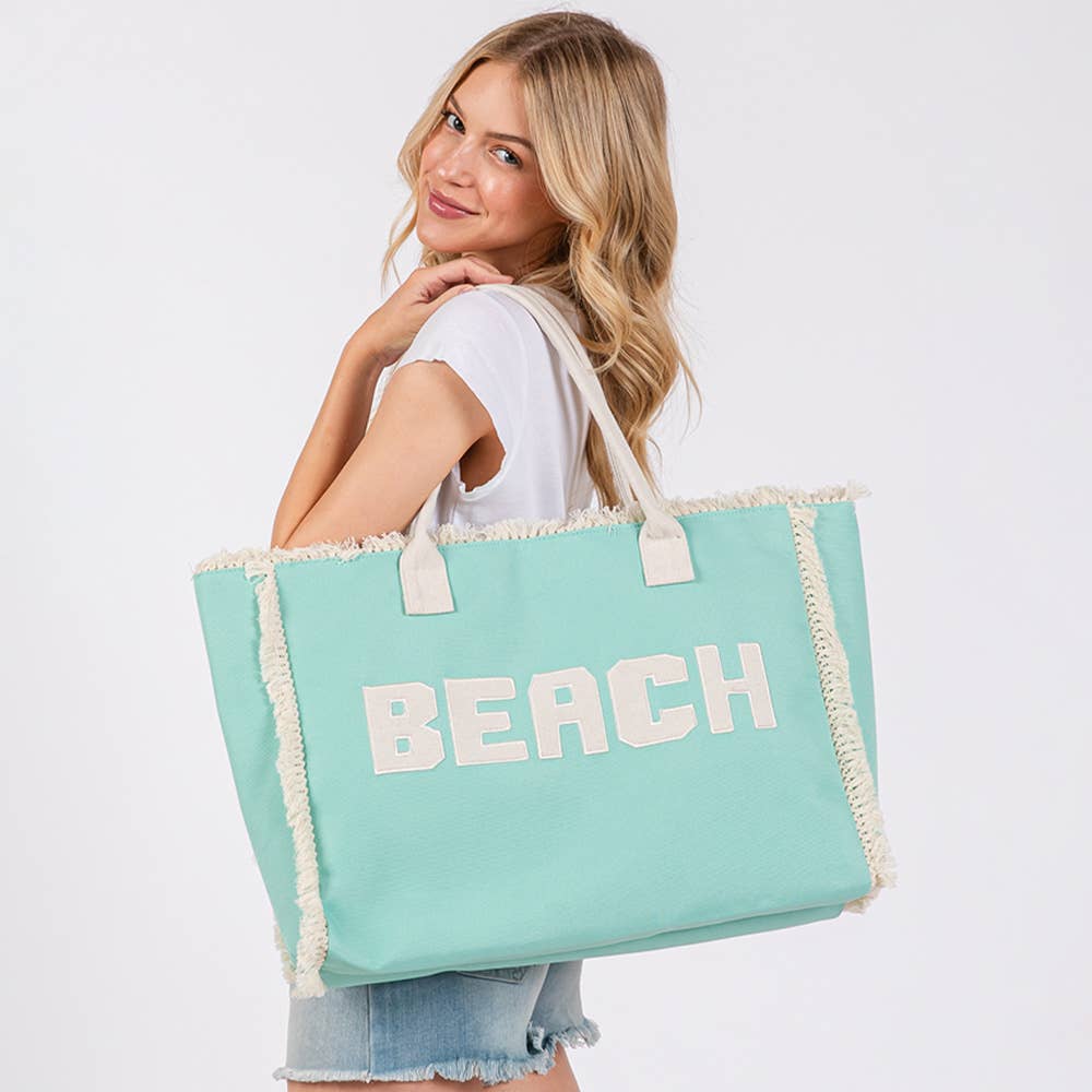 Bold BEACH Letter Embroidered Fringe Tote Bag: Teal