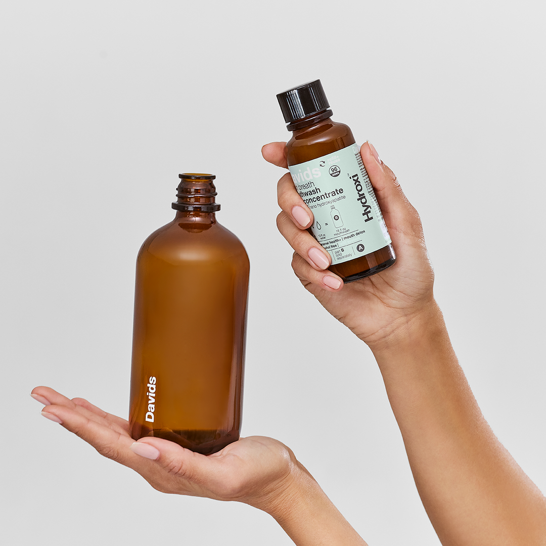 Davids Hydroxi™ fresh breath mouthwash - natural fresh mint : Mouthwash refill kit w/ empty glass bottle