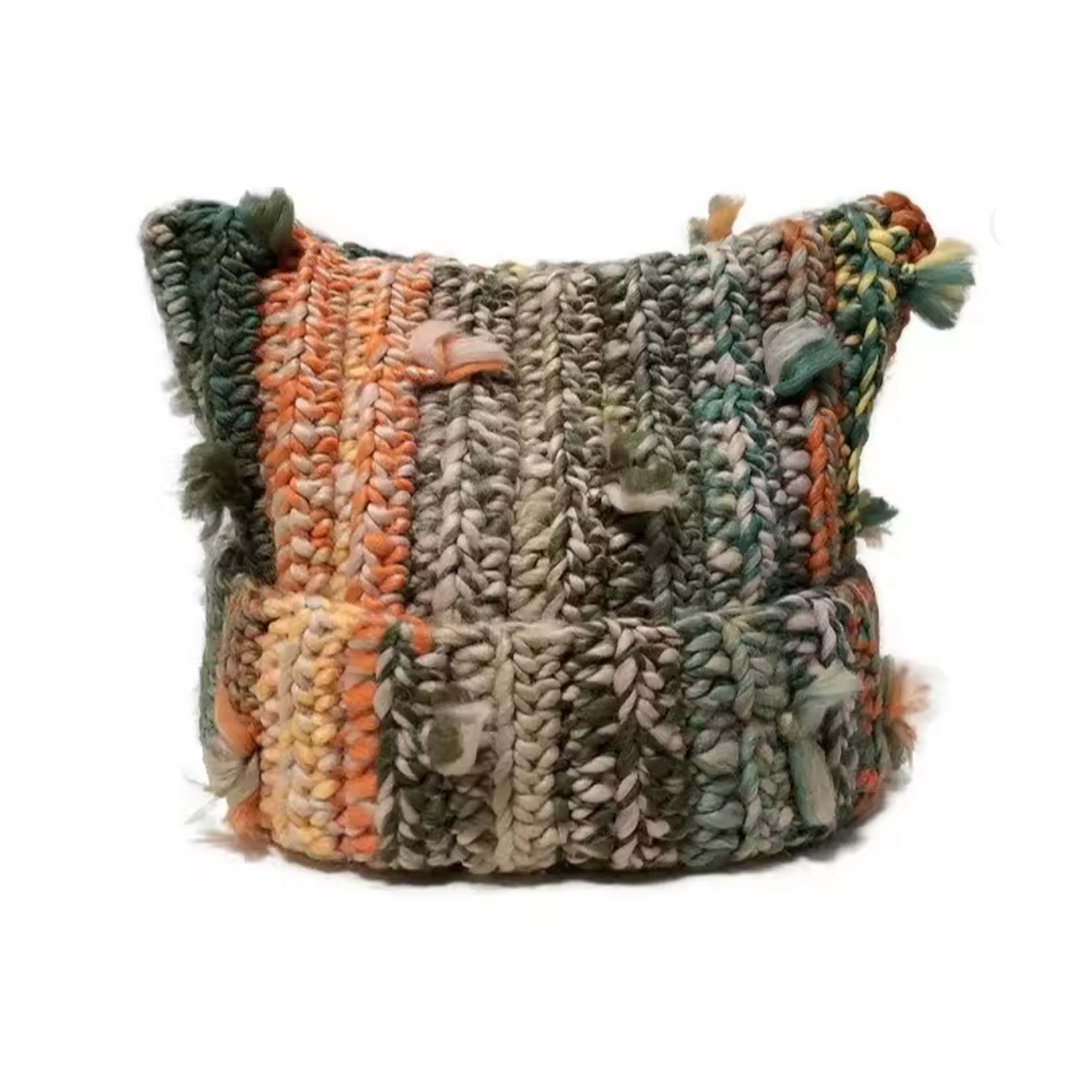 Multicolor Striped Cat Ear Tassel Knit Hat, Assorted Colors