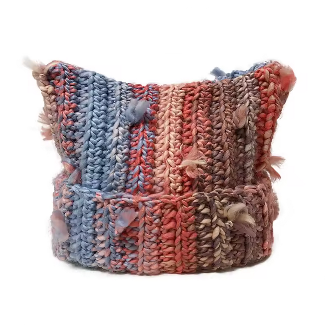 Multicolor Striped Cat Ear Tassel Knit Hat, Assorted Colors