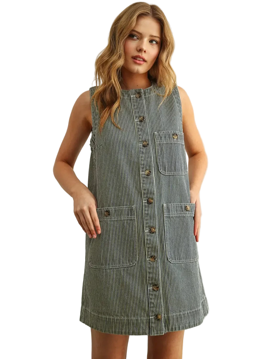 W's Striped Fabric Button Front Denim Dress
