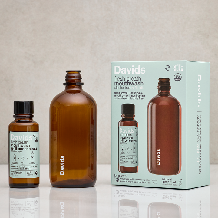Davids Hydroxi™ fresh breath mouthwash - natural fresh mint : Mouthwash refill kit w/ empty glass bottle
