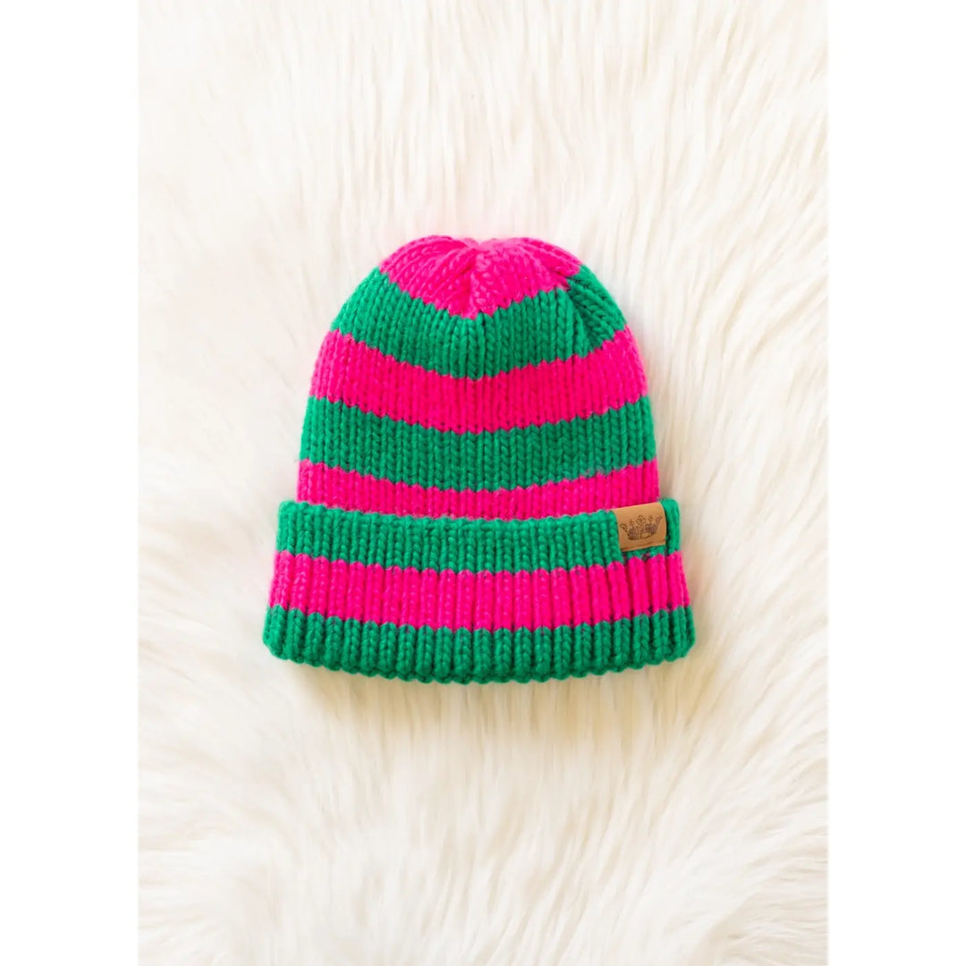Striped Knit Beanie, Green & Pink