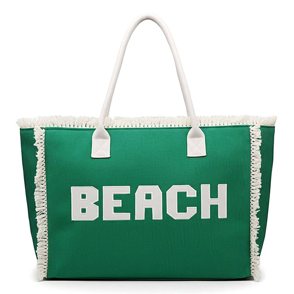 Bold BEACH Letter Embroidered Fringe Tote Bag: Teal
