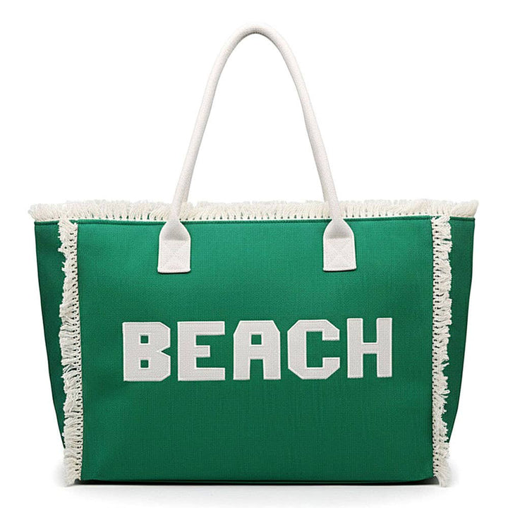 Bold BEACH Letter Embroidered Fringe Tote Bag: Teal