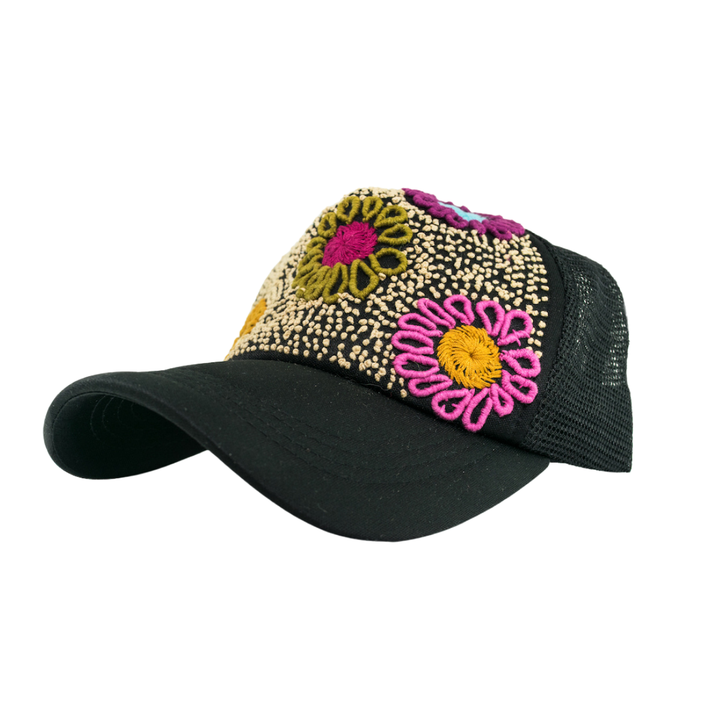 Tulum Hand Embroidered Trucker Flower Hat - Maroon