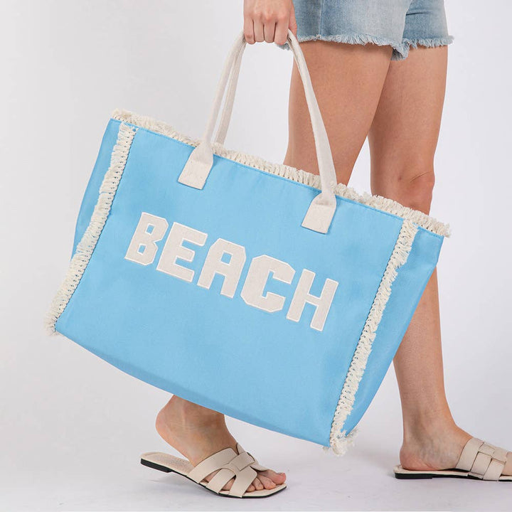 Bold BEACH Letter Embroidered Fringe Tote Bag: Teal