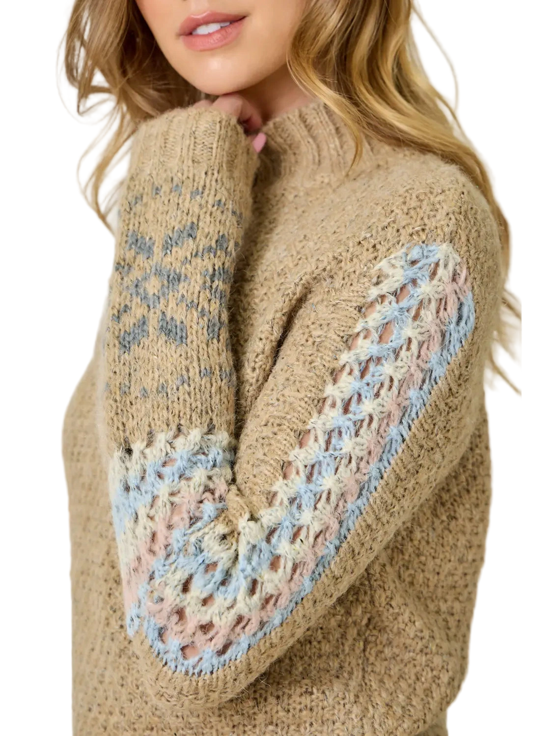 W's Mock Neck Fair Isle Cuff Crochet Sweater