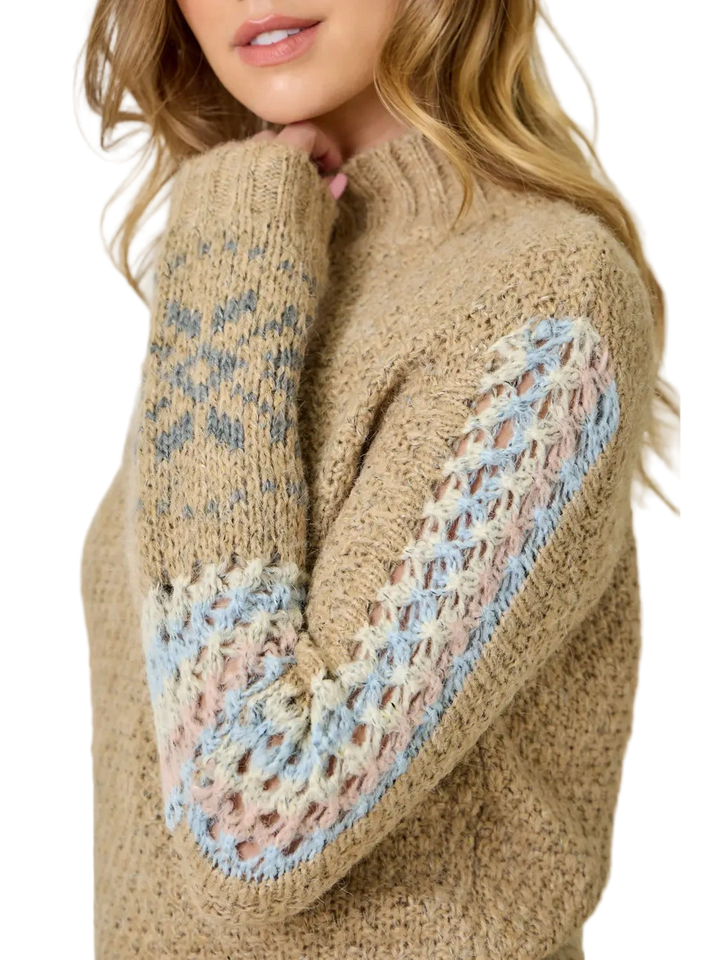 W's Mock Neck Fair Isle Cuff Crochet Sweater