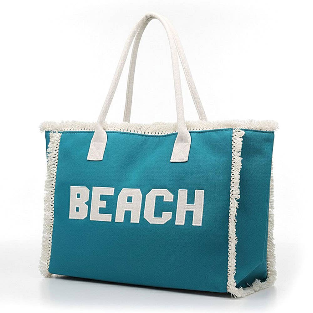 Bold BEACH Letter Embroidered Fringe Tote Bag: Teal