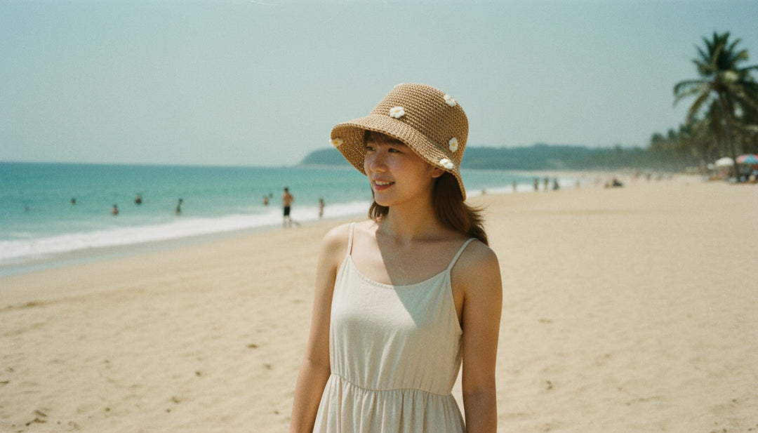 Vintage Straw Bucket Hat with embroidered flowers