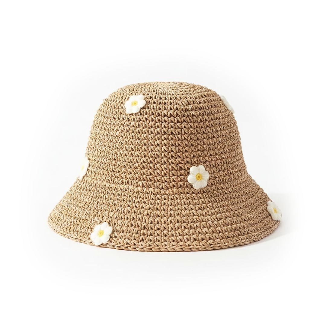 Vintage Straw Bucket Hat with embroidered flowers