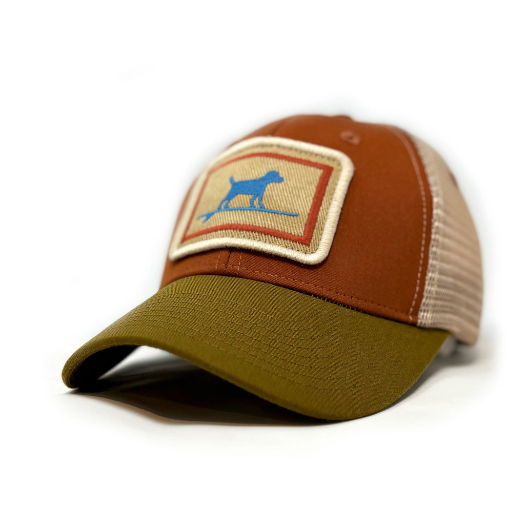 Surfing Dog Structured Trucker Hat, Burnt Orange and Olive