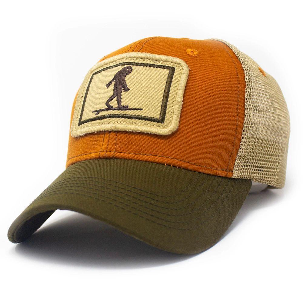 Surfing Sasquatch Structured Trucker Hat, Burnt Orange and Olive